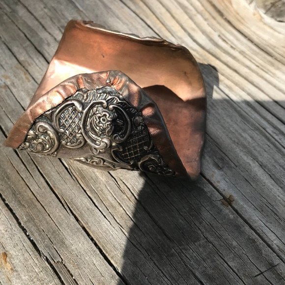Antique Sterling Silver Cuff Bracelet Repoussé Scroll Size Small Copper 925 - Picture 8 of 9